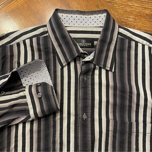 Bugatchi Black, Gray and Plum Striped Button Down Shirt XL 100% cotton